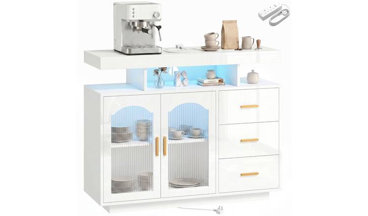 HOMCOM Modern High Gloss LED Sideboard with Built in Power Outlets - White
