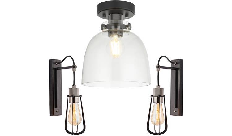 Loops Direct Steel Glass Pendant and 2 Wall Lights - Matt Black