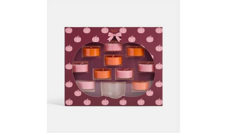 OHS 10 Pack Assorted Scented Tealights & Glass Candle Holder - Pumpkin