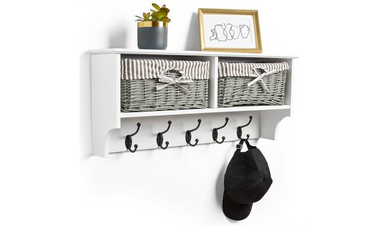 Vonhaus Amory Hallway Coat Hooks Wall Mounted with Baskets - White