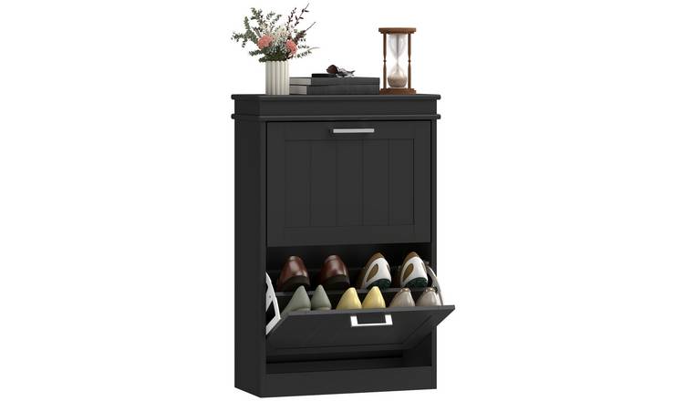 HOMCOM Fluted Shoe Cabinet with 2 Drop Down Drawers - Black