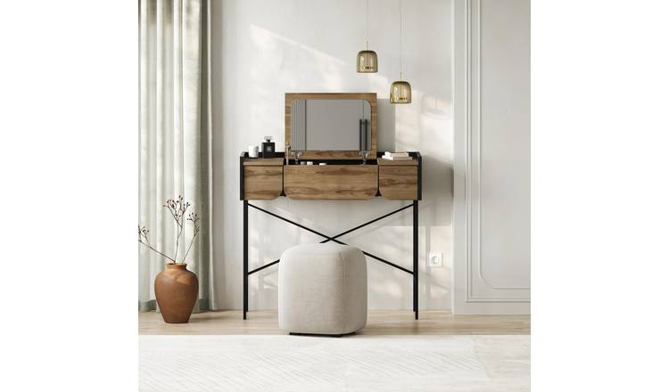 Decortie Terra Wood Effect Dressing Table with Flip-Up Mirror and Storage - Oak