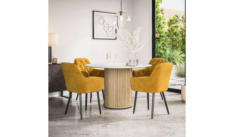 Furniture Online Arlo Anika Wht Top w Oak Legs Dining Table & 4 Mustard Chairs