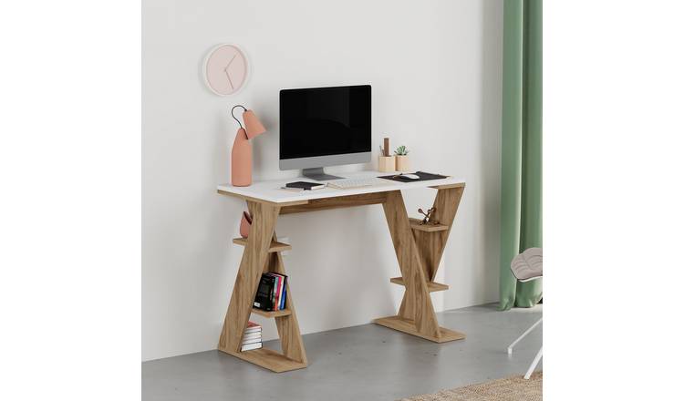 Decortie Papillon Particleboard Study Desk - White, Whiskey Oak