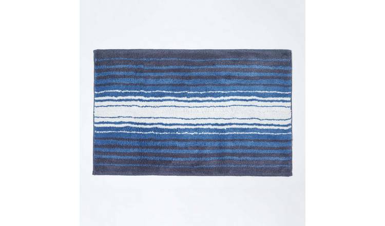 Homescapes Stripe Cotton Bath Mat - Blue and White