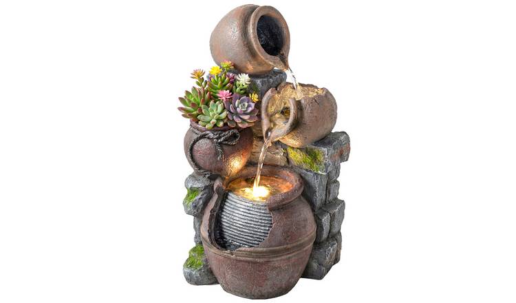 Outsunny 4 Tier Water Fountain with LED and Adjustable Flow - Rustic Brown