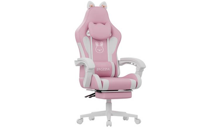 Rattantree Faux Leather Ergonomic Gaming Chair With Footrest - Pink & White