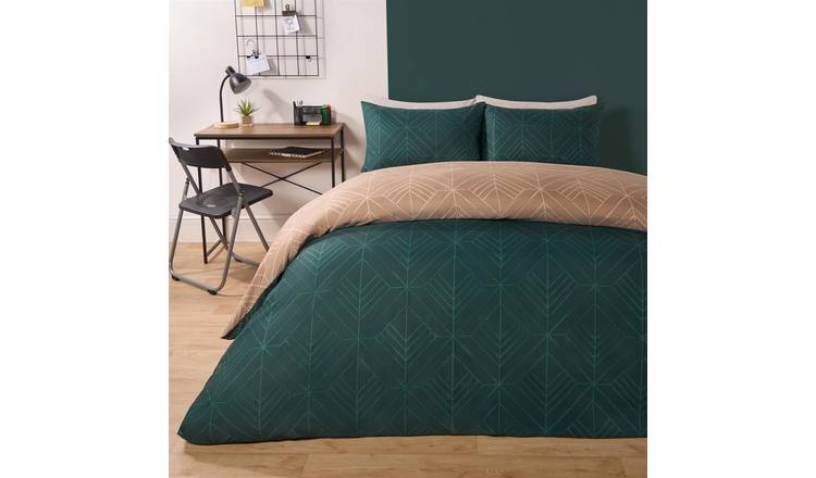 OHS Geo Duvet Cover Bedding Set and Reversible Art Deco Teal/Natural - King