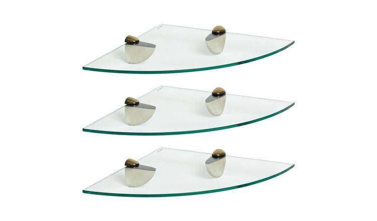 Harbour Housewares Floating Glass Bathroom Corner Shelves - 3x Gold - 30 x 30cm