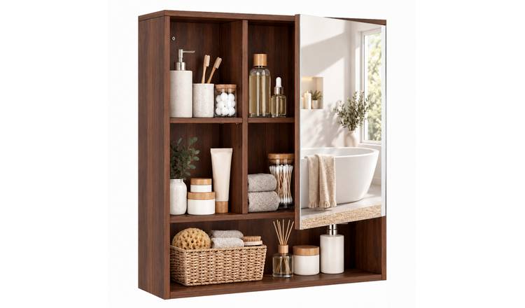 HOMCOM Walnut Adjustable Shelves Bathroom Mirror Cabinet - Brown