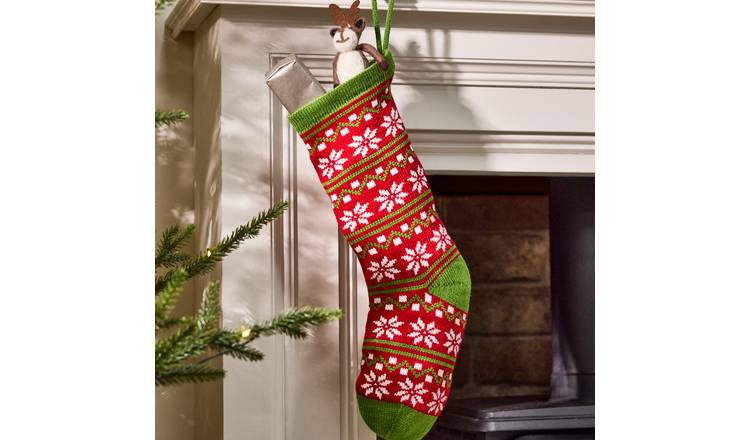 Dibor Fair Isle Snowflake Knitted Christmas Stocking - Green