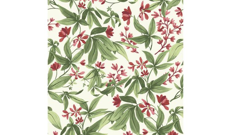 Grandeco Morgan Hand painted Leaves Flowers Textured Wallpaper - Deep Red Green