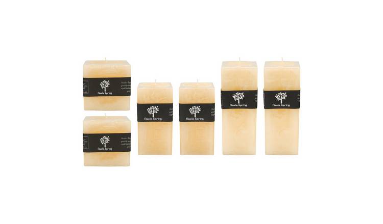 Nicola Spring Pack of 6 Square Vanilla Pillar Candles 3 Sizes - Cream