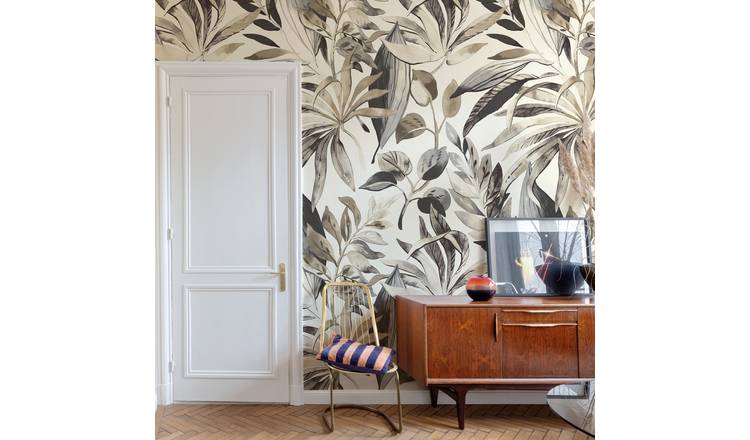 Grandeco Inky  Jungle Leaves 3 Lane Repeatable Wallpaper Mural   - Beige