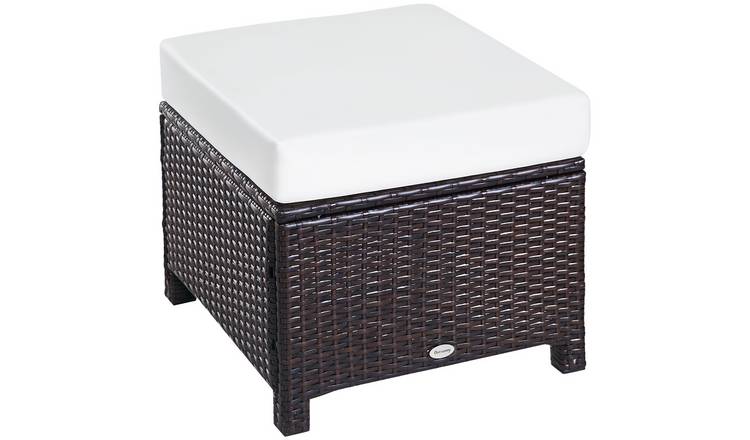 Outsunny Rattan Footstool Wicker Ottoman with Cushions - Brown