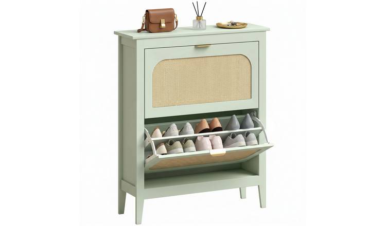 HOMCOM 2 Flip Drawers Boho Slim Shoe Storage Cabinet - Light Green