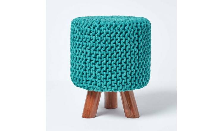 Homescapes Tall Cotton Knitted Footstool with Legs – Teal Green
