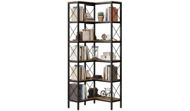 HOMCOM 5 Tier Metal Freestanding Corner Storage Bookcase - Rustic Brown