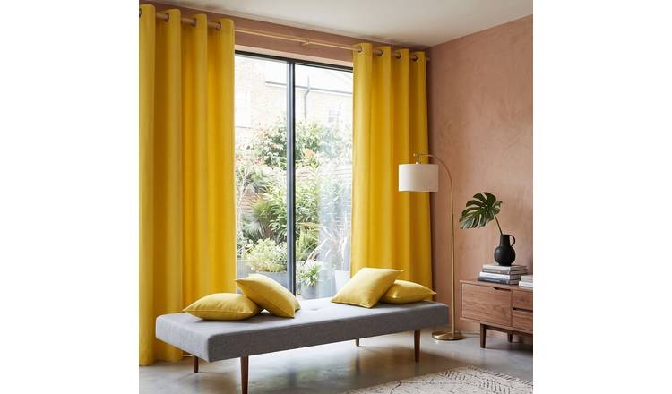 Homescapes Yellow Plain Cotton Eyelet Curtains - 137cm x 182cm