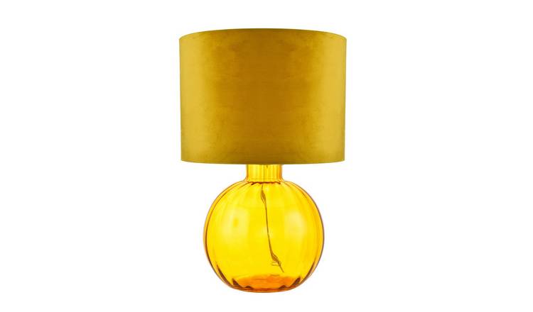 Happy Homewares Ochre Ribbed Glass with Soft Velvet Mustard Table Lamp - 28cm