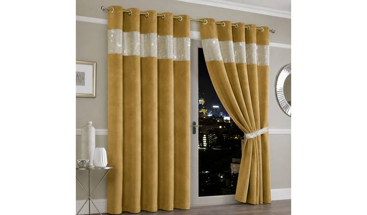 New Edge Blinds Ochre Diamante Blackout Eyelet Curtains - 167cm x 183cm