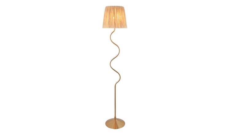Loops Direct 32cm Diameter Raffia Floor Lamp - Brass and Raffia