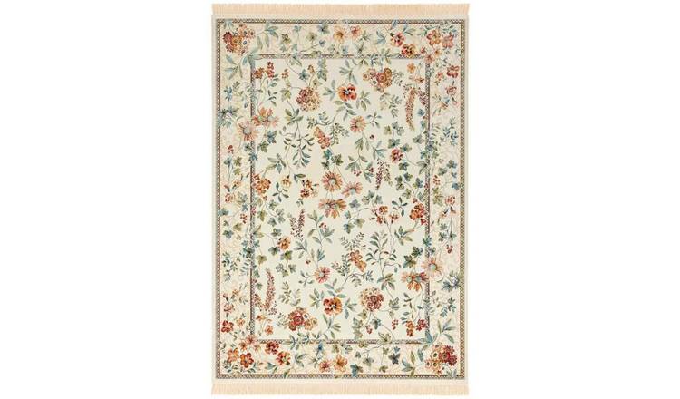 Hanse Home Cream Oriental Velvet Floral Vintage Fringed Rug - 95 x 133cm