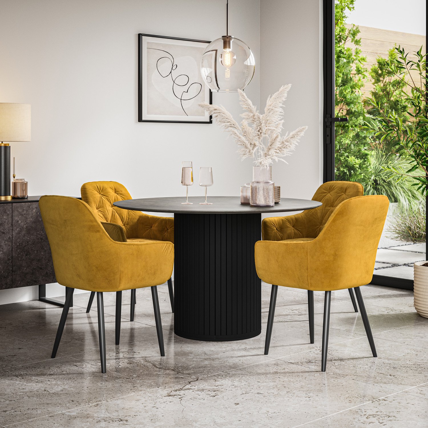 Furniture Online Arlo Anika Con Top w Black Leg Dining Table & 4 Mustard Chairs - Image 1