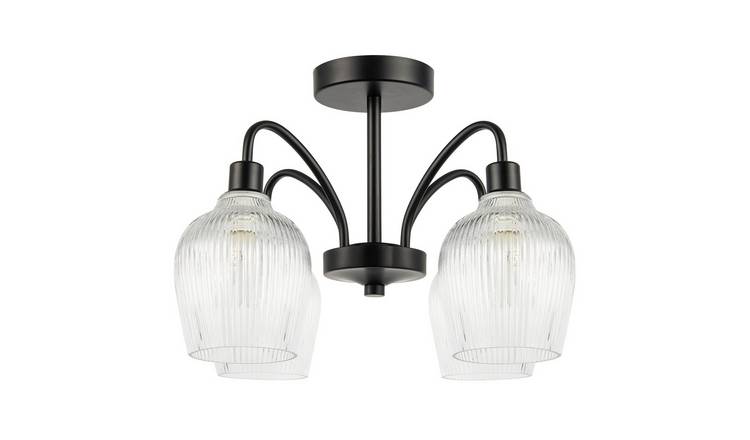 Happy Homewares Matte Black with Clear Ribbed Glass Ceiling Light - 46cm