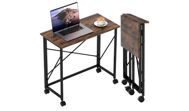 HOMCOM Mdf Foldable Computer Desk with Wheels - Rustic Brown
