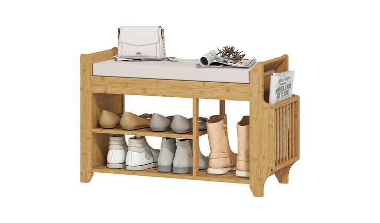 HOMCOM 2-Tier Bamboo Shoe Bench with Side Holder - Natural and Cream