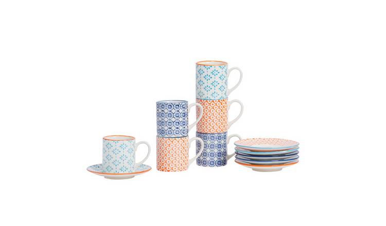 Nicola Spring 12 Piece Hand-Printed Espresso Cup & Saucer Set - 65ml - 3 Colours