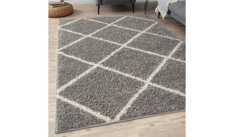 The Rugs Grey Moroccan Diamond Shaggy Rug - 60 x 110cm