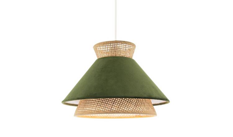 Happy Homewares Dark Olive Velvet and Natural Rattan Pendant Shade - 30cm