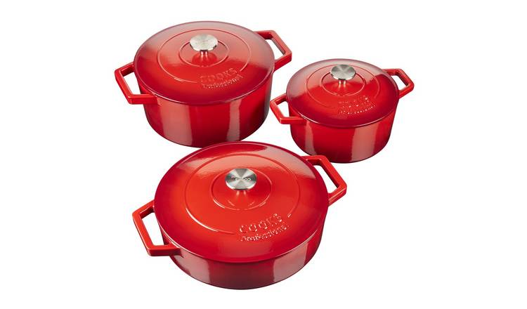 Cooks Professional Set of 3 Cast Iron Casserole Dishes 20, 26 and 28cm - Red