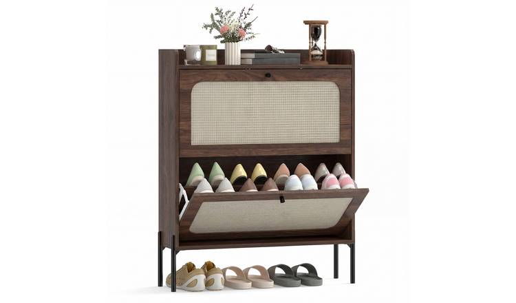 HOMCOM 2 Flip Drawers Shoe Cabinet with Rattan Door- Dark Brown
