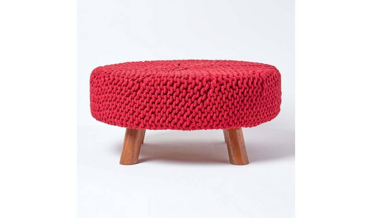 Homescapes Large Round Cotton Knitted Footstool with Legs– Red