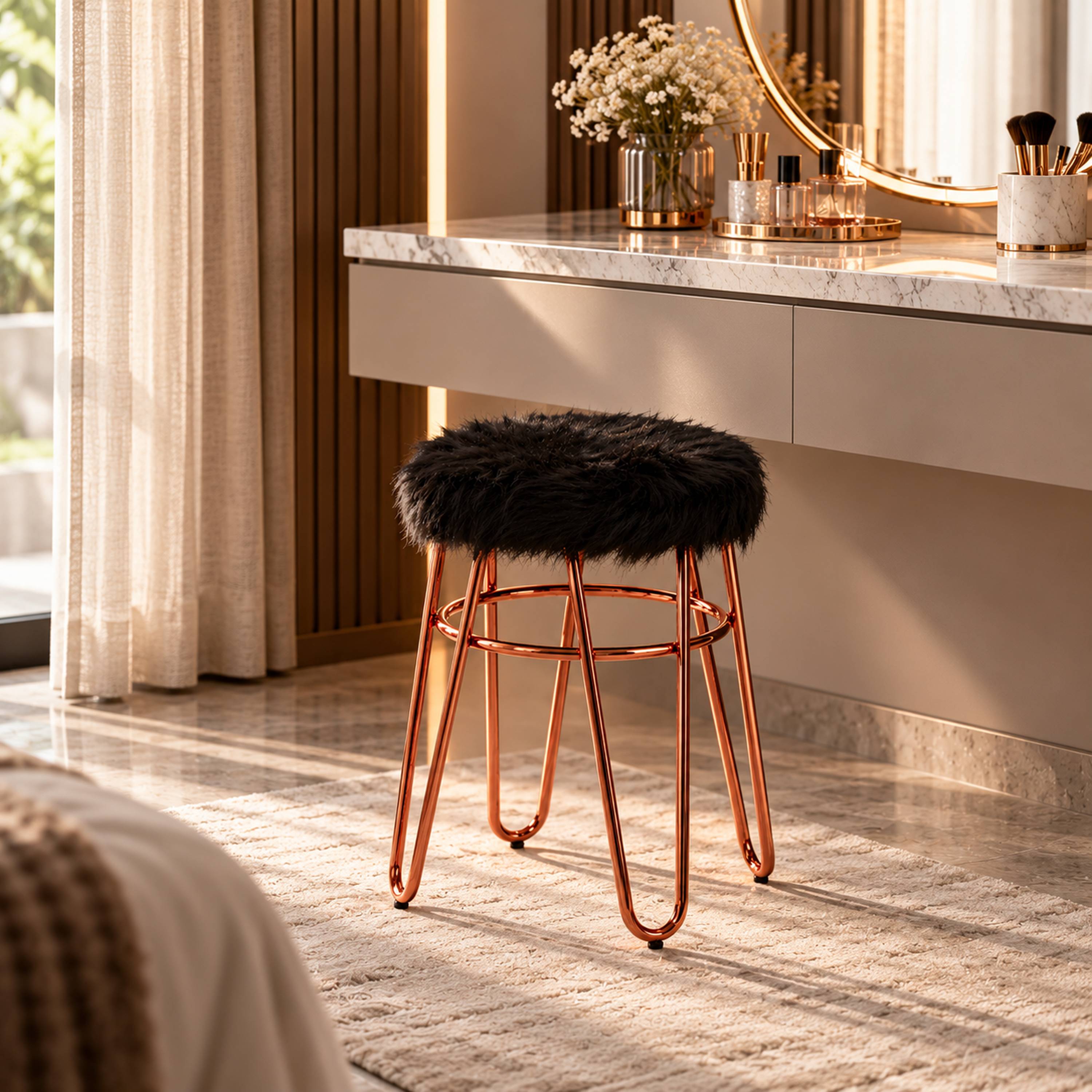 Orsina District Faux Fur Stool – Black & Rose Gold - Image 2