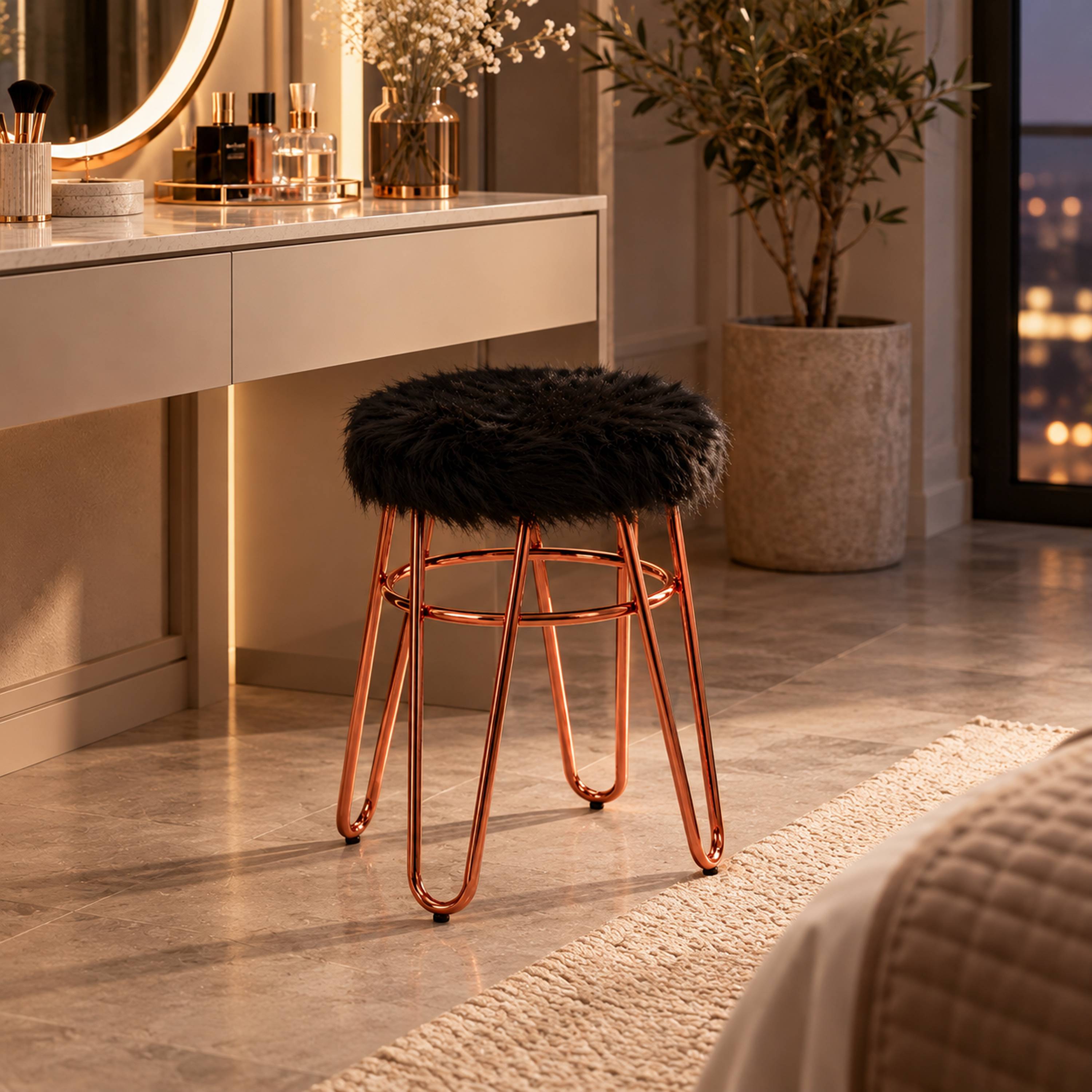 Orsina District Faux Fur Stool – Black & Rose Gold - Image 3