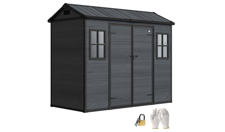 Outsunny Resin Wood Effect Lockable Vented Garden Shed – Dark Grey