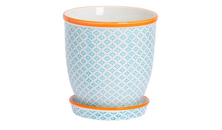 Nicola Spring Hand-Printed Plant Pot with Saucer - Blue