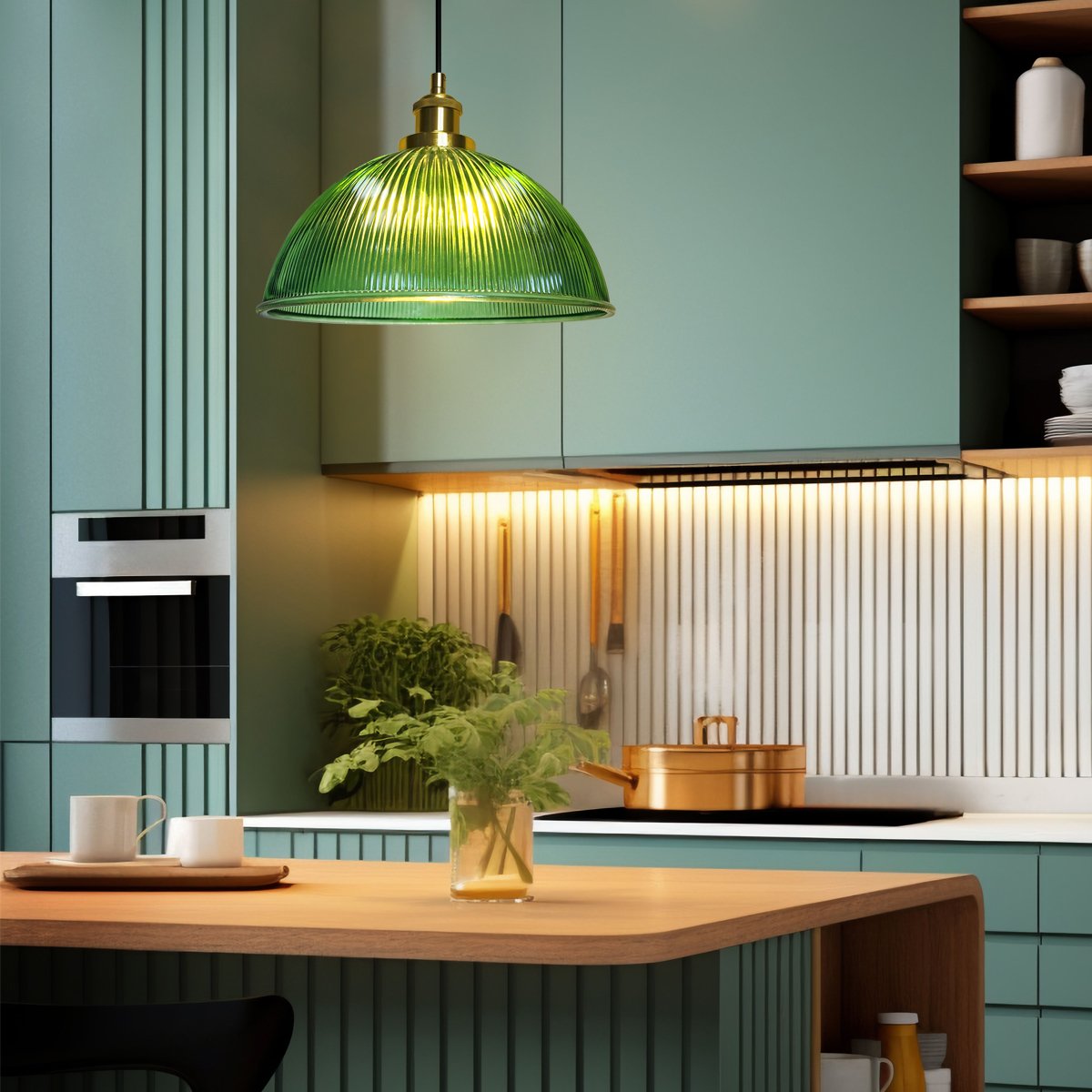 Energy Light Bulbs Dome Ribbed Glass Ceiling Pendant Light - Green - Image 5