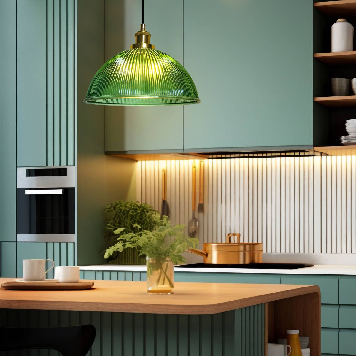 Energy Light Bulbs Dome Ribbed Glass Ceiling Pendant Light - Green - Image 5