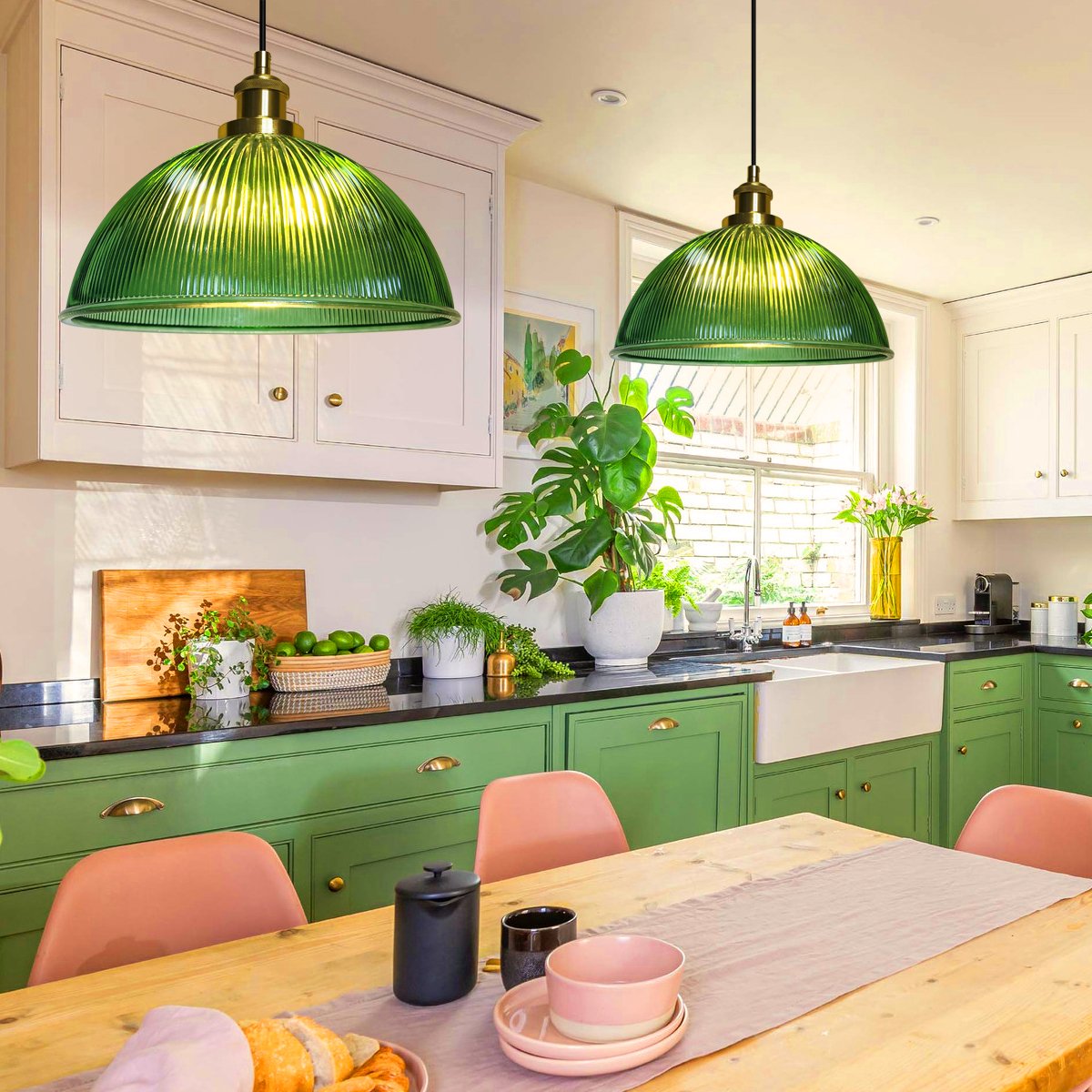 Energy Light Bulbs Dome Ribbed Glass Ceiling Pendant Light - Green - Image 6