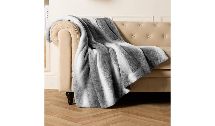 OHS Stripe Faux Fur Blanket Throw 125 x 150cm - Grey