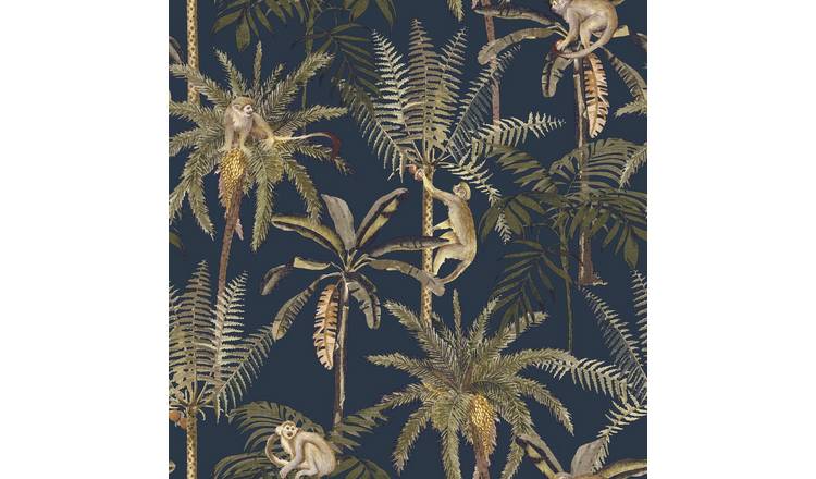 World Of Wallpaper Amazonia Monkey Textured Wallpaper - Navy Blue