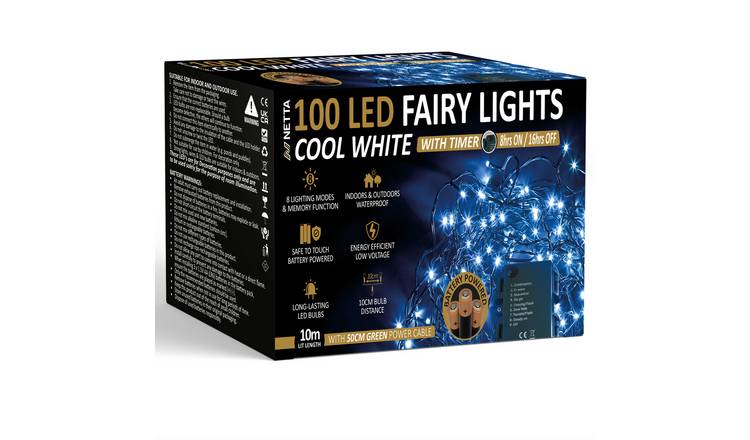 NETTA 10m 100 LED Battery Operated Christmas Fairy Lights - Cool White