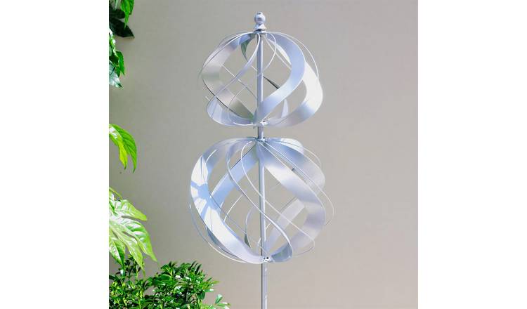 Primrose 45cm Two Sphere Metal Kinetic Wind Spinner Wheel - Silver