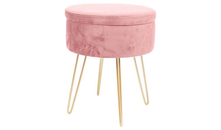 Harbour Housewares Round Velvet Storage Footstool - H45 x D36cm - Pink/Gold