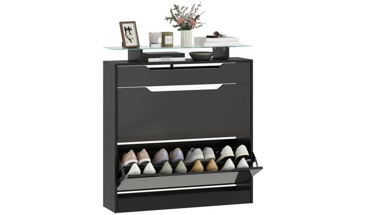 HOMCOM Narrow Shoe Cabinet with Tempered Glass Shelf - Black